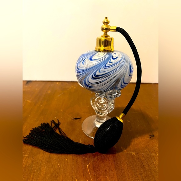 Hand Blown Blue & White Swirl Art Glass Perfume Bottle Atomizer - Picture 5 of 8